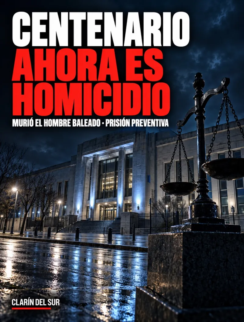 Ilustración de la fachada de un edificio judicial de noche, con la silueta de una balanza de la justicia y una calle vacía.