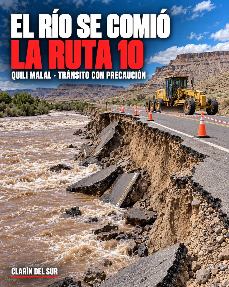 Ilustración de una ruta patagónica partida por la crecida de un río, con conos de advertencia y una máquina vial.