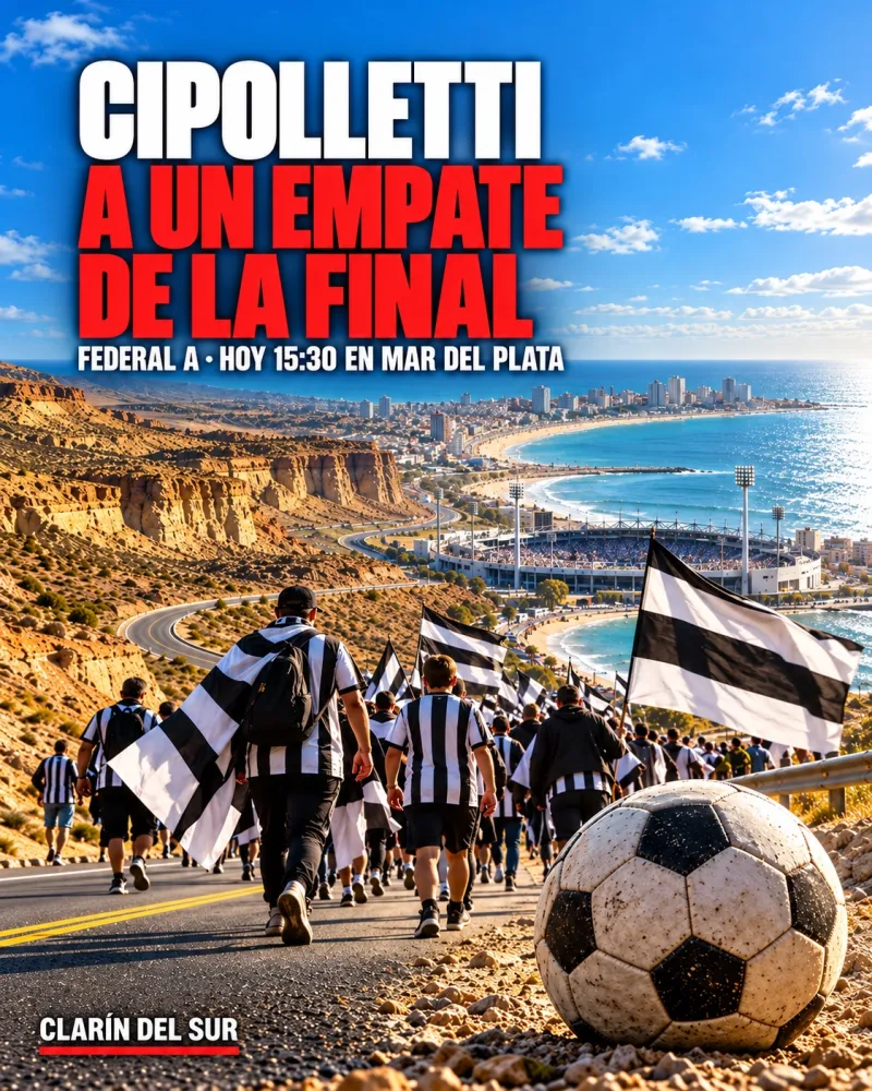 Ilustración de una ruta que cruza desde la Patagonia hasta un estadio junto al mar, con colores blanco y negro y una pelota.