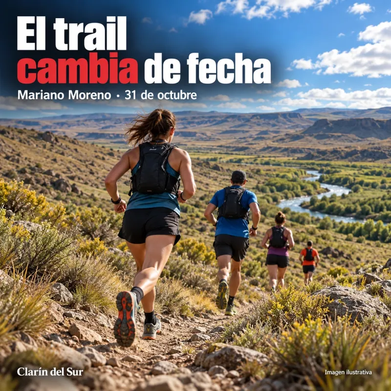 Ilustración de corredores en un sendero patagónico con la nueva fecha del trail.