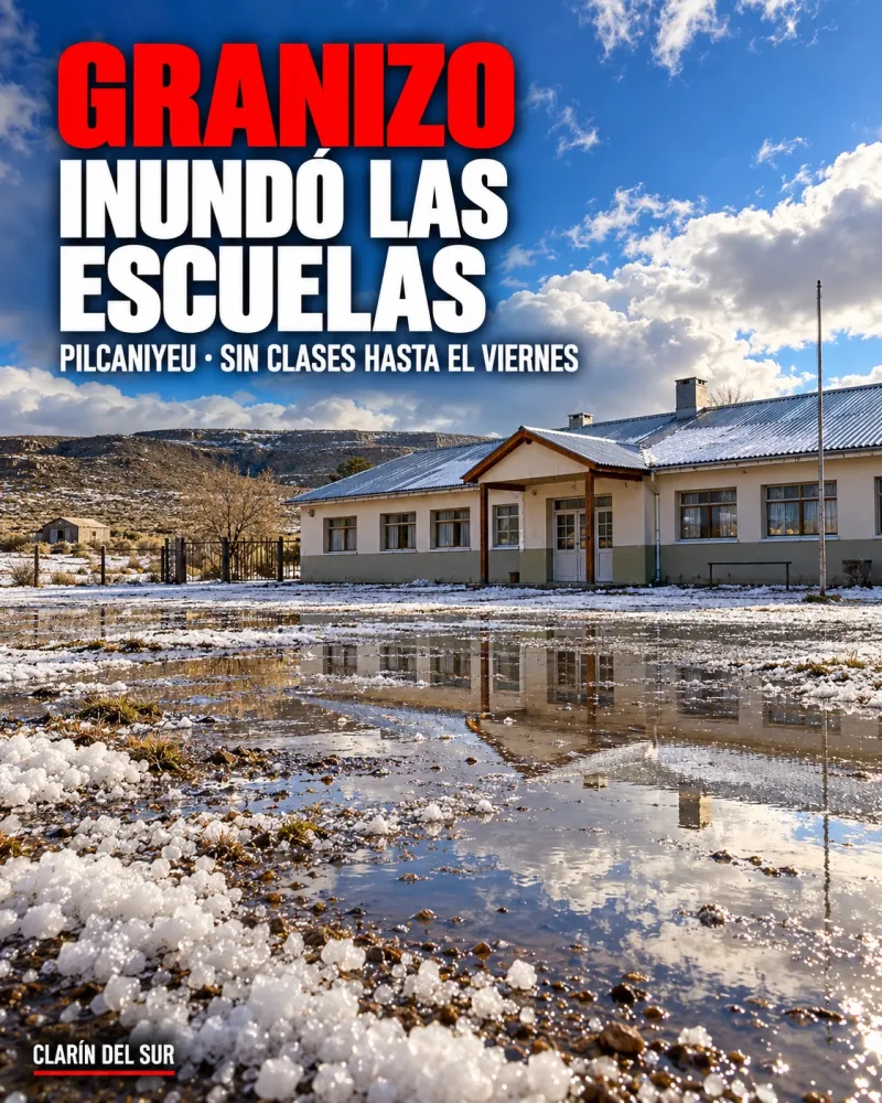 Ilustración de una escuela rural patagónica con el patio inundado y granizo, bajo un cielo que se despeja.