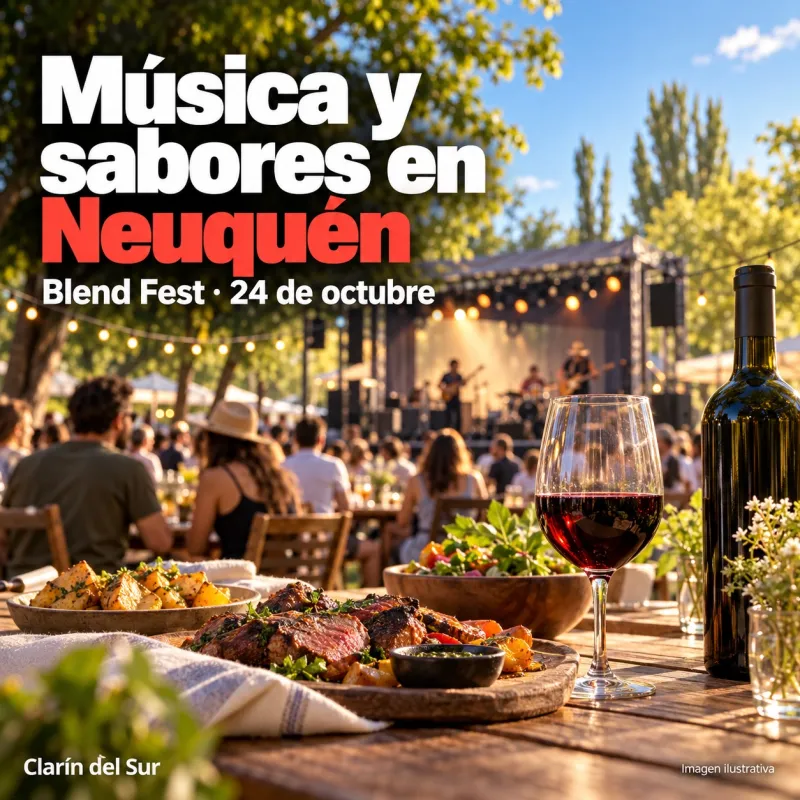 Ilustración de un festival al aire libre con gastronomía y la fecha del Blend Fest.
