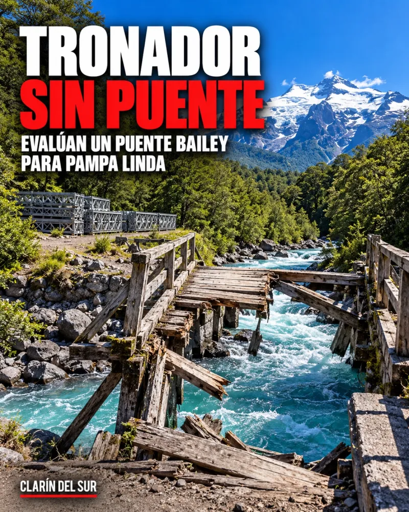 Ilustración de un puente de madera quebrado sobre un río de montaña, con el cerro Tronador nevado al fondo y piezas de acero en la orilla.