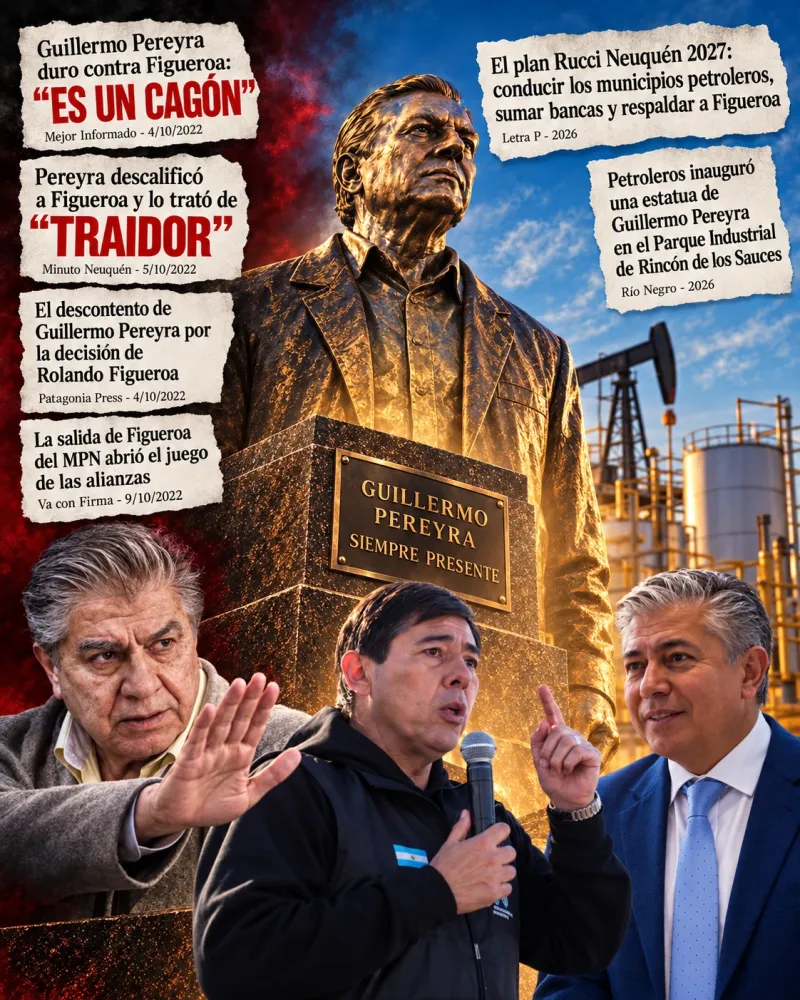 Montaje editorial: Guillermo Pereyra, la estatua en su homenaje, Marcelo Rucci y Rolando Figueroa, junto a recortes de titulares de 2022 y 2026.
