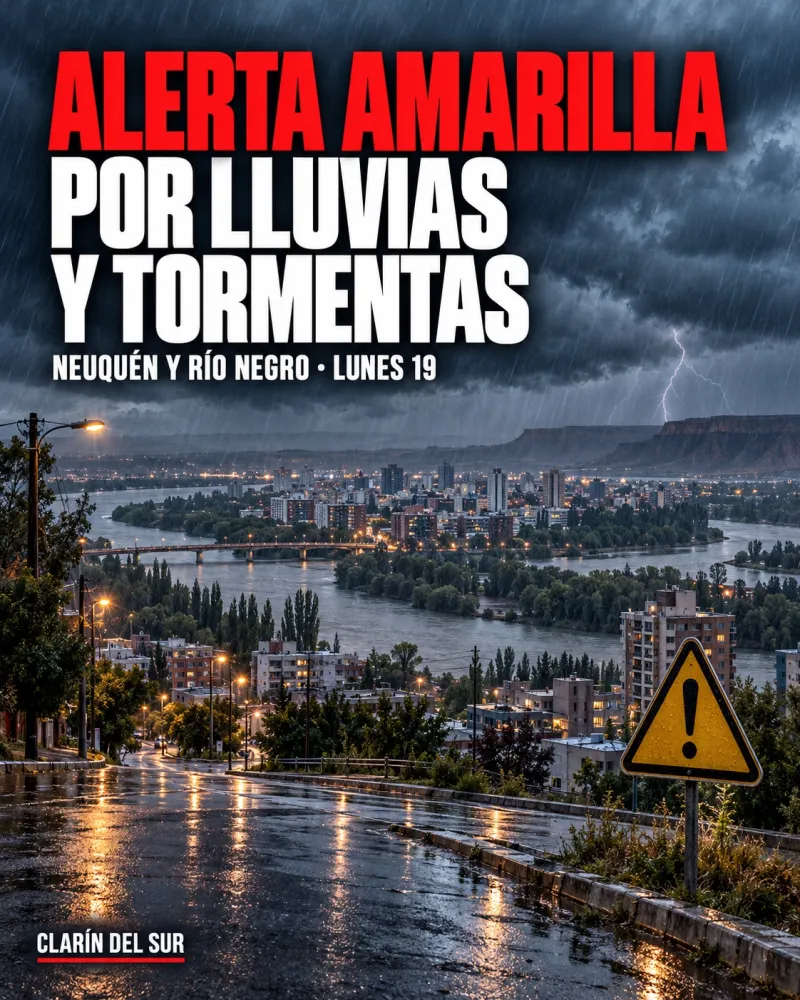 Ilustración de la ciudad de Neuquén bajo nubes de tormenta, con lluvia, un relámpago lejano y una calle mojada.