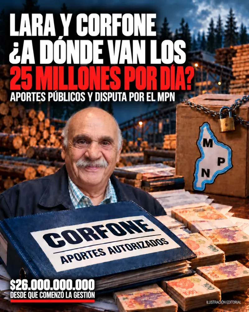 Ilustración editorial: Jorge Lara junto a una carpeta de CORFONE con aportes autorizados, fajos de billetes y una urna del MPN encadenada, en un aserradero.