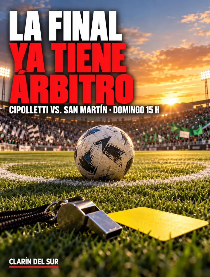 Ilustración de una pelota en el círculo central de un estadio iluminado al atardecer, con un silbato y una tarjeta amarilla en primer plano.