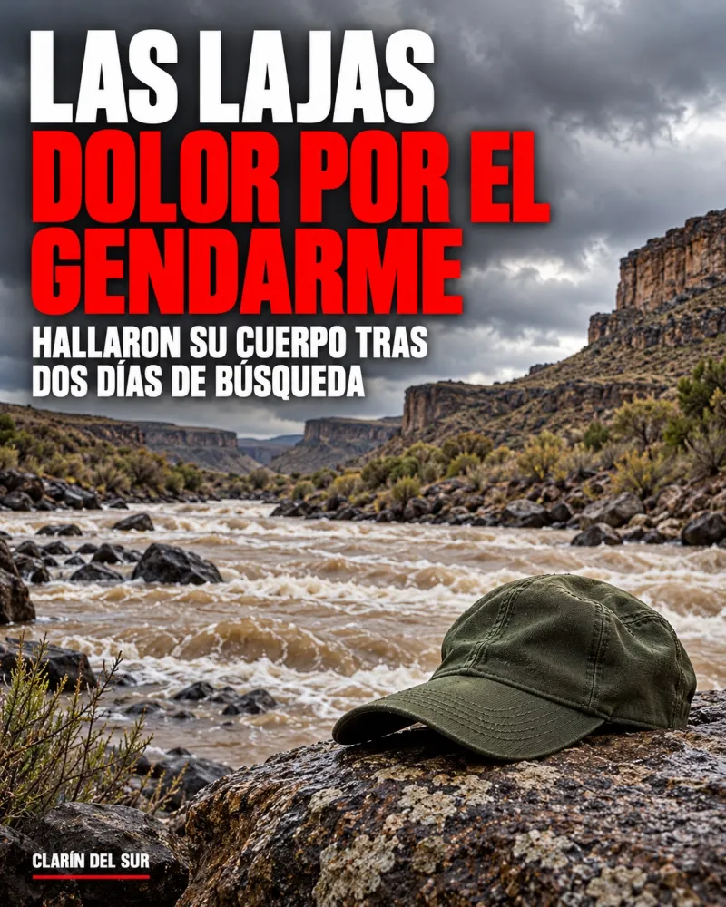 Ilustración de un arroyo patagónico crecido entre bardas bajo un cielo gris, con una gorra apoyada sobre una piedra en la orilla.