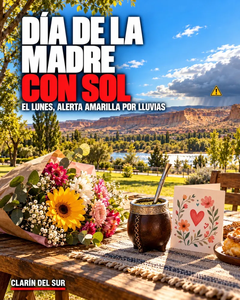 Ilustración de una mesa al aire libre con flores al sol y una nube de lluvia con un cartel amarillo de alerta acercándose.
