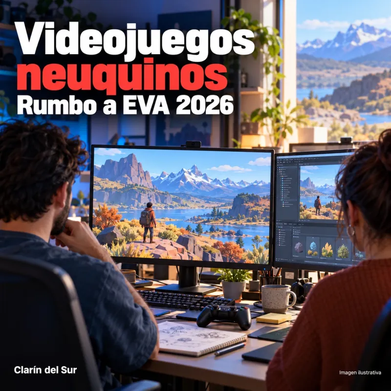 Ilustración de un equipo desarrollando videojuegos, con el anuncio de EVA 2026.