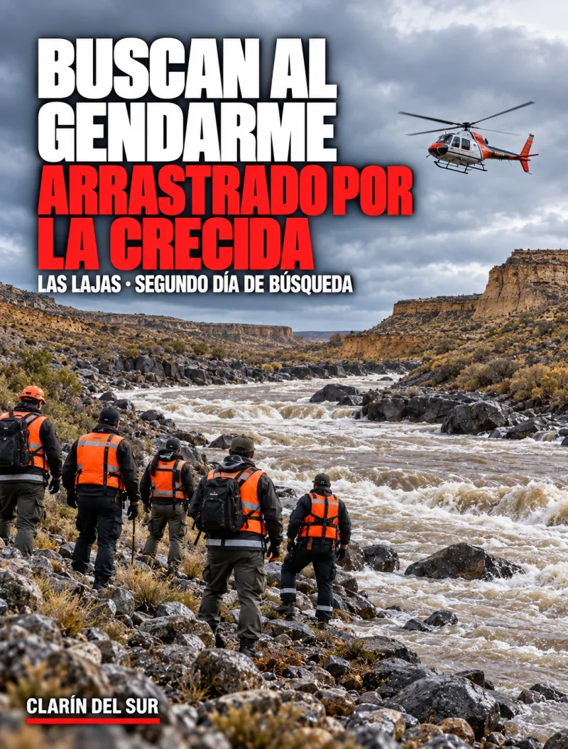 Ilustración de un arroyo patagónico crecido entre bardas, con un helicóptero y rescatistas de espaldas en la orilla.