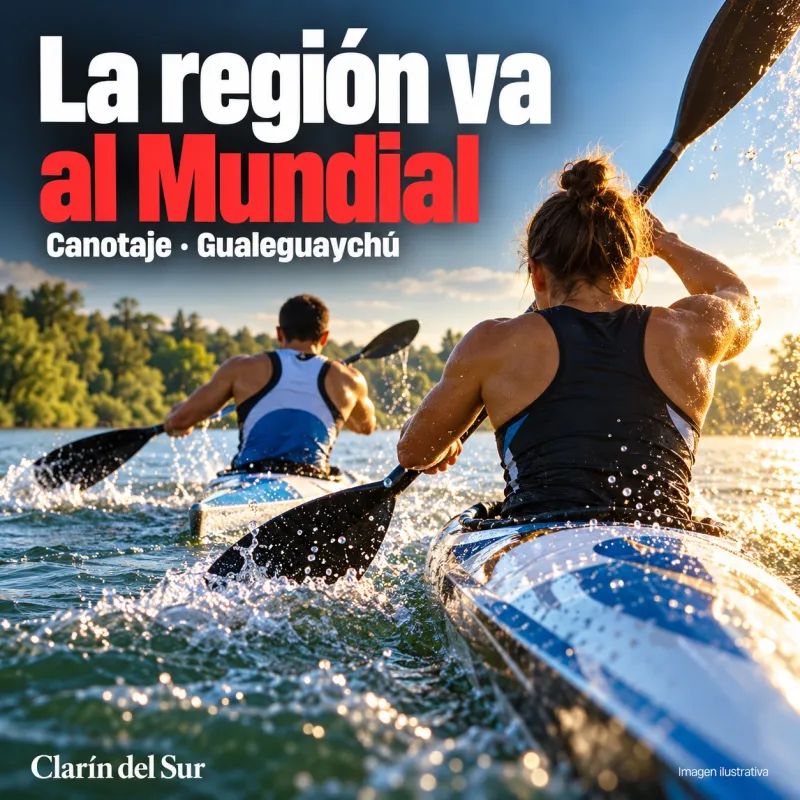 Ilustración de dos palistas en un río, alusiva al Mundial de Canotaje.