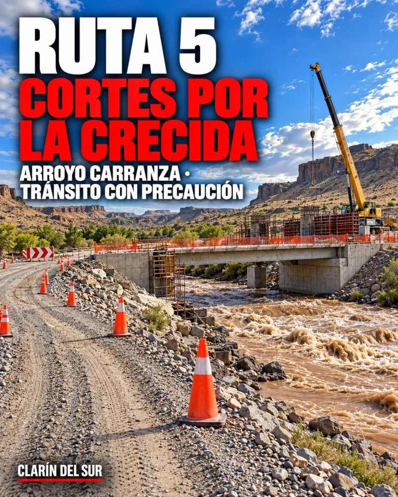 Ilustración de un desvío de ripio junto a un puente en construcción, con un arroyo crecido color barro, conos y una grúa.